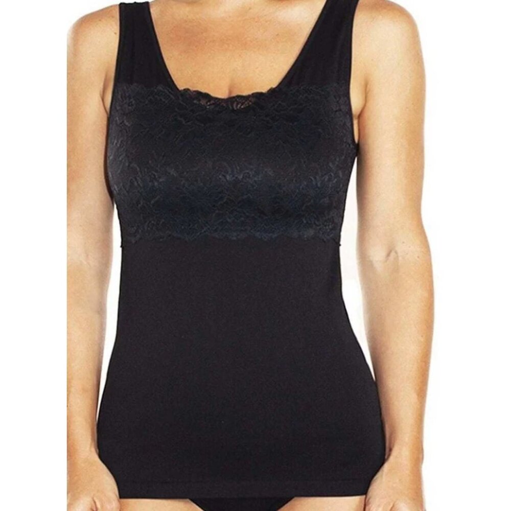 Rhonda Shear Lace Overlay Tank w/Shelf Bra Solid Black 1X